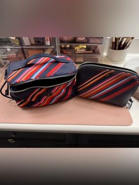 Tory Burch Navy Toiletry Pouch with Multicolor Stripes